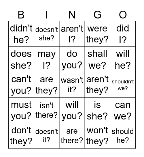 Tag Questions - 2 Bingo Card