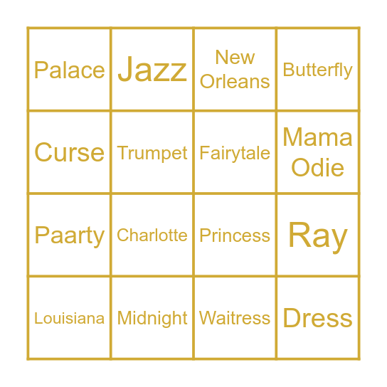 Princess and the Frog Bingo Card