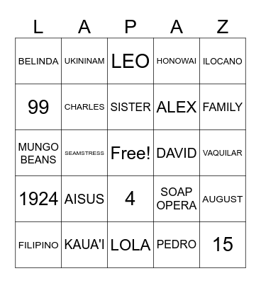 ALL THINGS LOLA Bingo Card