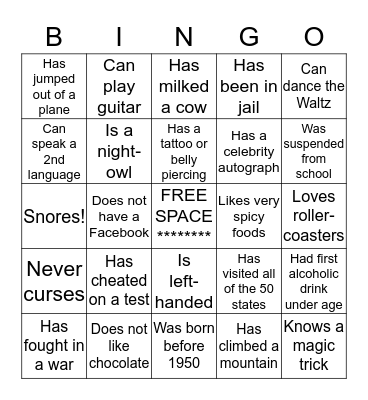 PEOPLE "BINGO" Bingo Card
