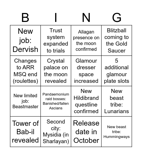 FFXIV Fanfest Bingo Card