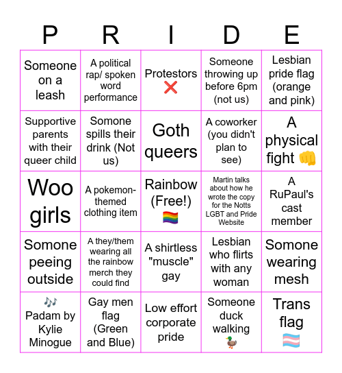 Nottingham Pride Bingo Card