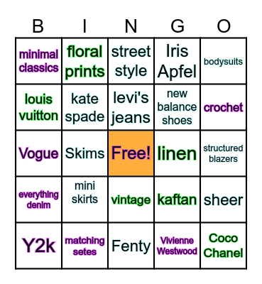 Fashion Bingo Card
