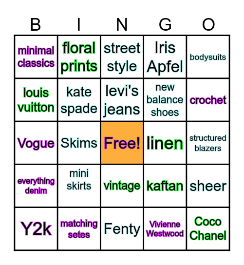 Fashion Bingo Card