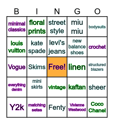 Fashion Bingo Card