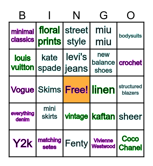 Fashion Bingo Card