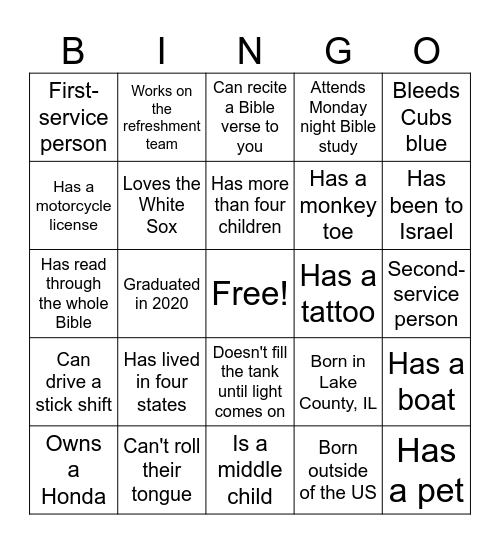 New Hope Bingo Card