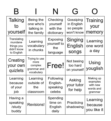 Language learning bingo Card