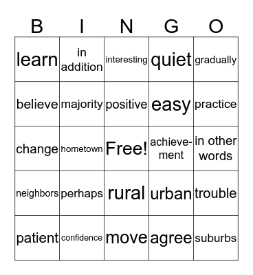 Level 2 Reading: Unit 1 Vocab. Bingo Card