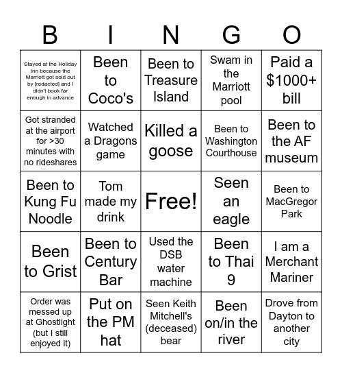 Dayton Yacht Club Bingo Card