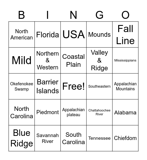 Georgia Geography Bingo Card