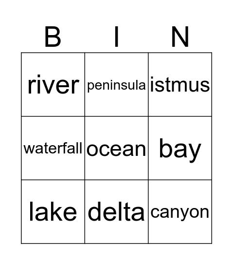 Land Form Bingo Card