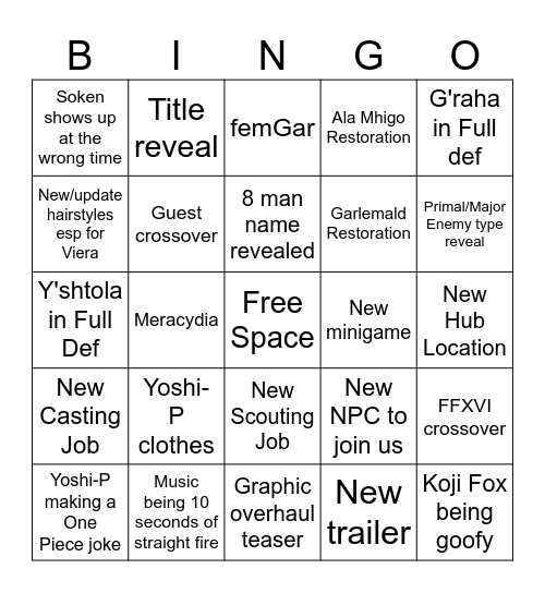 FFXIV Keynote Bingo Card