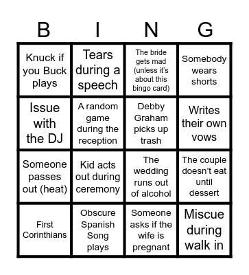 Jessica’s Wedding Weekend Bingo Card