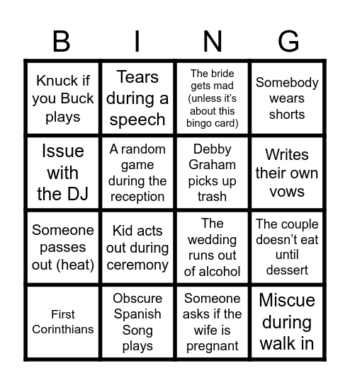 Jessica’s Wedding Weekend Bingo Card