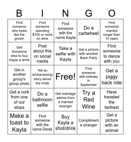 Bachelorette Wine Tasting Bingo Card