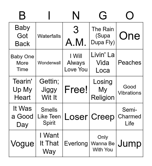 90s Hits Bingo Card