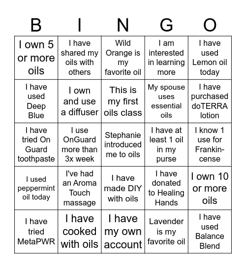 doTERRA Essential Bingo Card