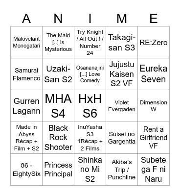 Anime Bingo 2023 Bingo Card