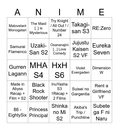 Anime Bingo 2023 Bingo Card