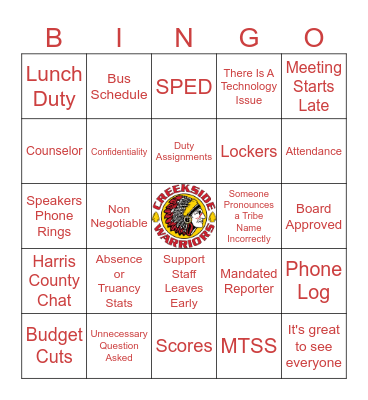 Welcome Back Creekside Teachers and Staff Bingo Card