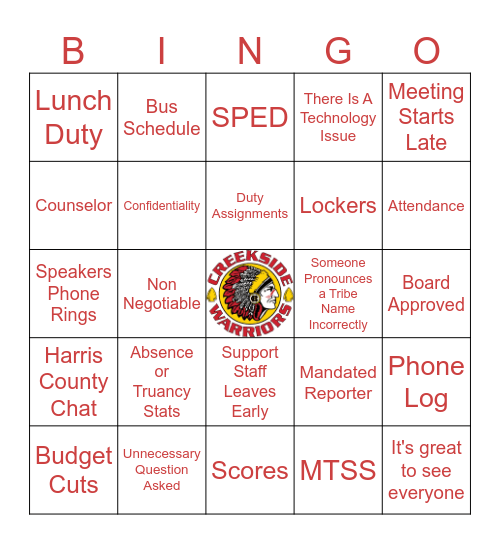 Welcome Back Creekside Teachers and Staff Bingo Card