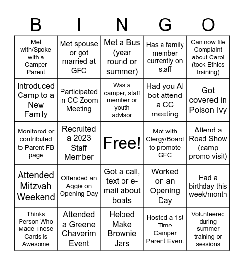 Camp Committee Bingo Card