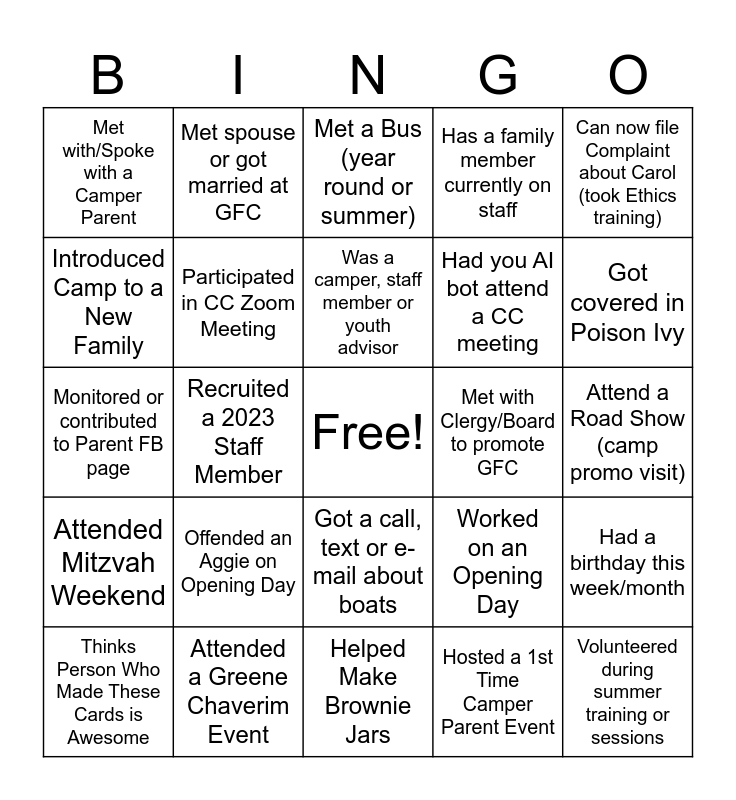 Camp Committee Bingo Card