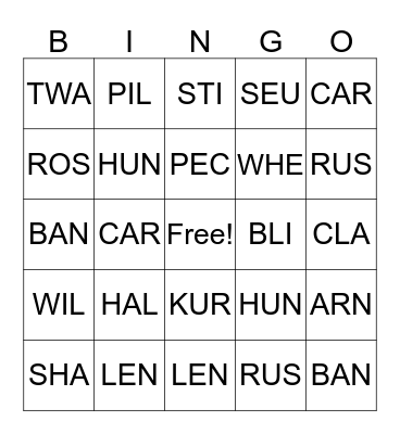 Call Number Bingo Card