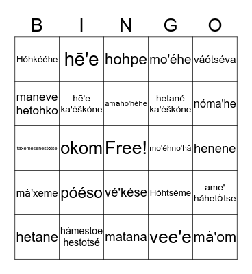 Cheyenne Language Bingo Card