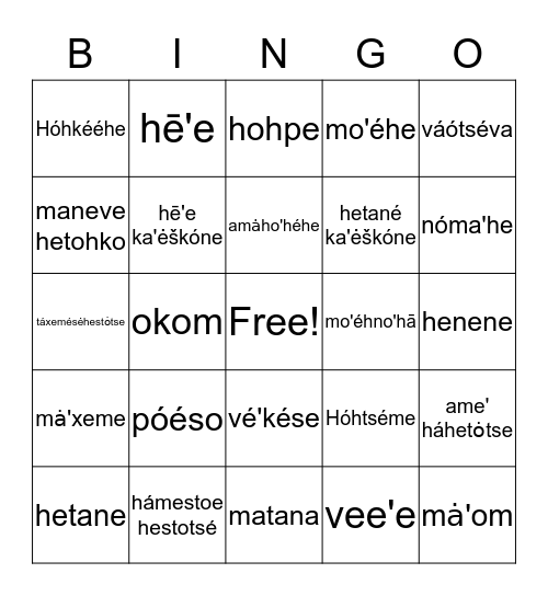Cheyenne Language Bingo Card