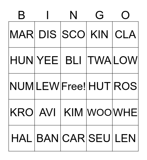 Call Number Bingo Card