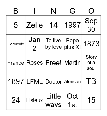 Little Theressa Bingo Card