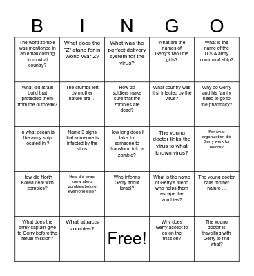 WORLD WAR Z Bingo Card