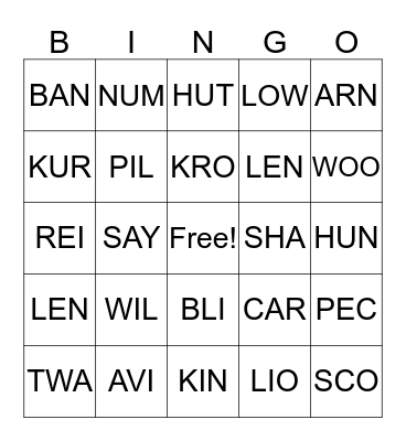 Call Number Bingo Card