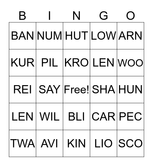 Call Number Bingo Card