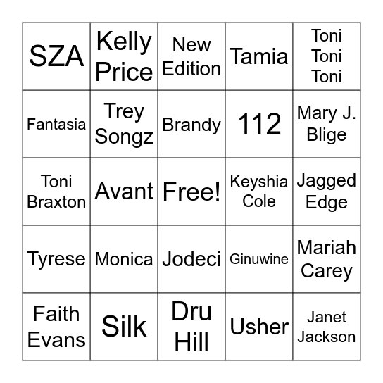 R & B Bingo Card