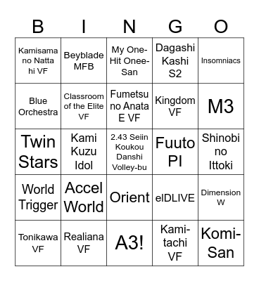 Anime Bingo 2023 - LAST CHANCE Bingo Card