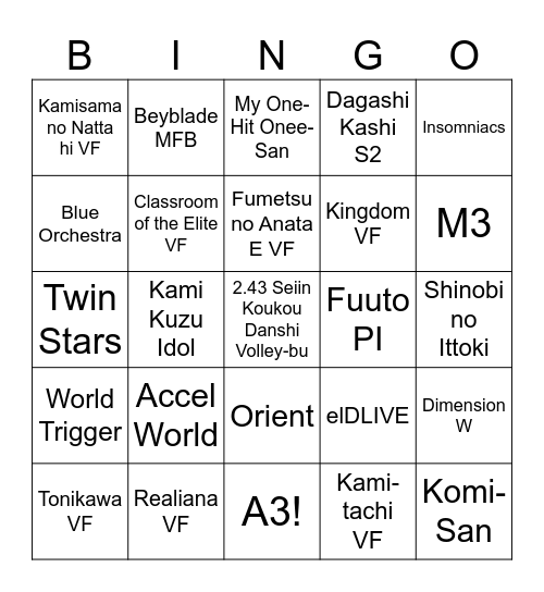 Anime Bingo 2023 - LAST CHANCE Bingo Card