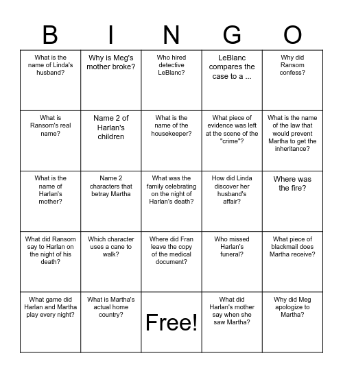 Knives Out Part 2 Bingo Card