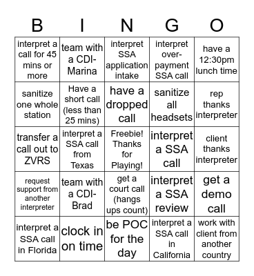 VRI Bingo Card