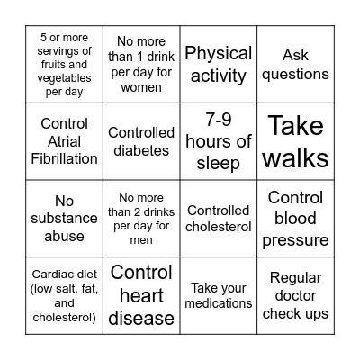 Prevent a Stroke Bingo Card