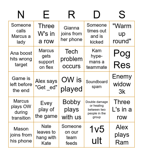 Gamer/OW Bingo Card