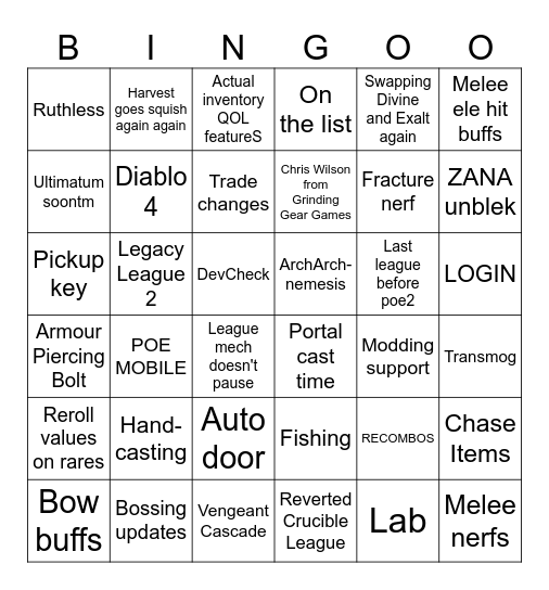 Exilecon Bingo Card