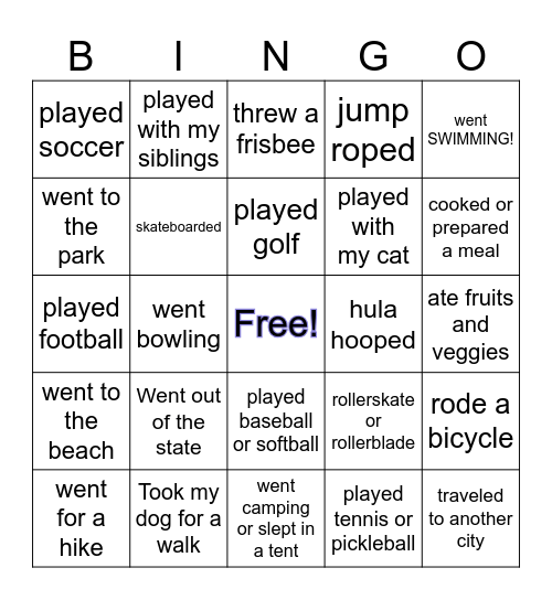 Adventure Bingo- PE! Bingo Card