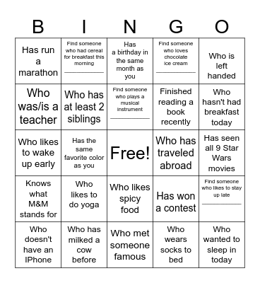 Friendship Bingo Card