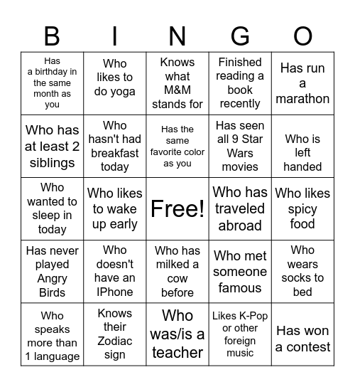 Friendship Bingo Card