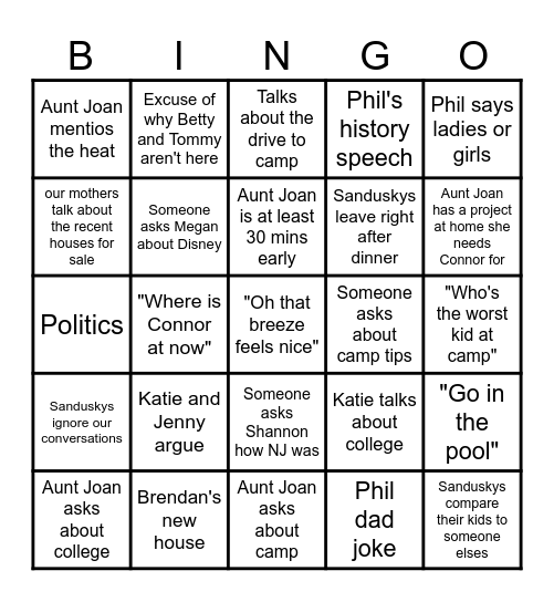 Katie's Birthday Eve Party Bingo Card