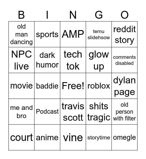 tik tok Bingo Card