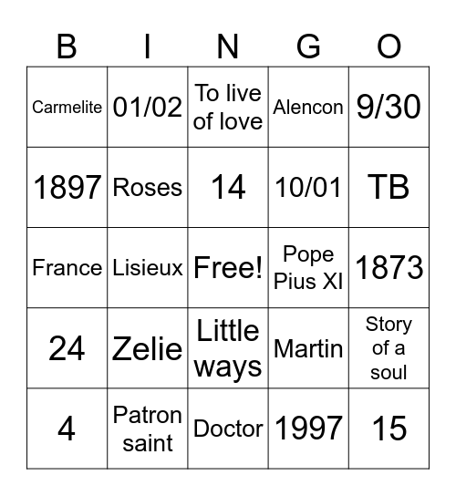 St. Theresa of Lisieux Bingo Card